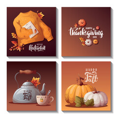Square autumn cards with kettle, autumn leaves, warm sweater, pumokins. Autumn, harvest, thanksgiving day, fall concept. Vector illustration. Cards, postcards, posters.