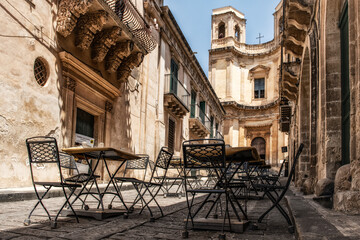 A city/street view of Noto on Sicily island in Italy.