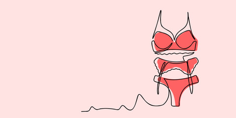 Women's lace underwear with belts, garter belt. Linear style. Hand-drawn. Doodle. For web design, icons, packaging. Banner. Vector illustration with copyspace