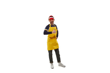 Portrait of cheerful man, selles, salesperson of goods posing in bright yellow apron and red cap isolated over white background