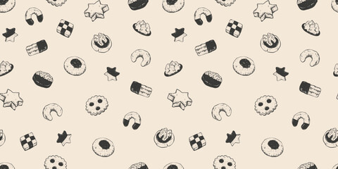 Lovely hand drawn traditional cookies seamless pattern, german and austrian christmas cookies, great for textiles, banners, wallpapers, cloth, napkins - vector design