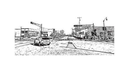 Building view with landmark of Oshkosh is the 
city in Wisconsin. Hand drawn sketch illustration in vector.