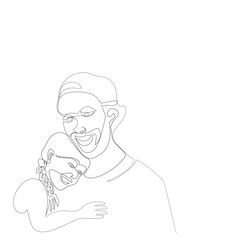 Young father hugging a daughter  in his arm.Front view of Daddy holding girl  in his hand in single line drawing style.Vector isolate flat continue line design  of Father’s Day or happy Children’s day