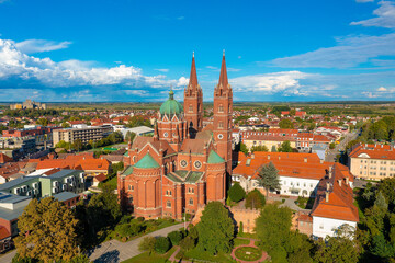 Obraz premium Aerial photo of a cathedral in Đakovo town, Croatia