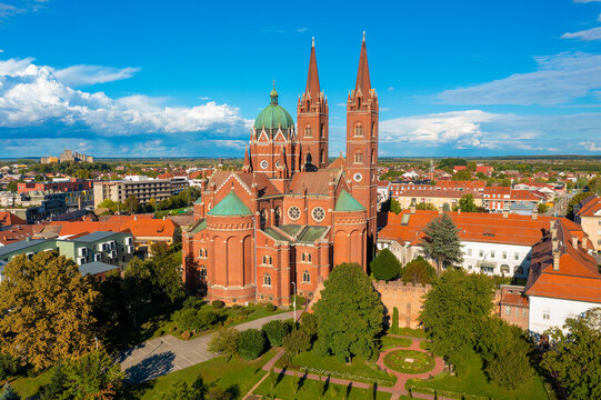 Aerial photo of a cathedral in Đakovo town, Croatia