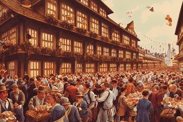 Oktoberfest festival with people in the town square germany