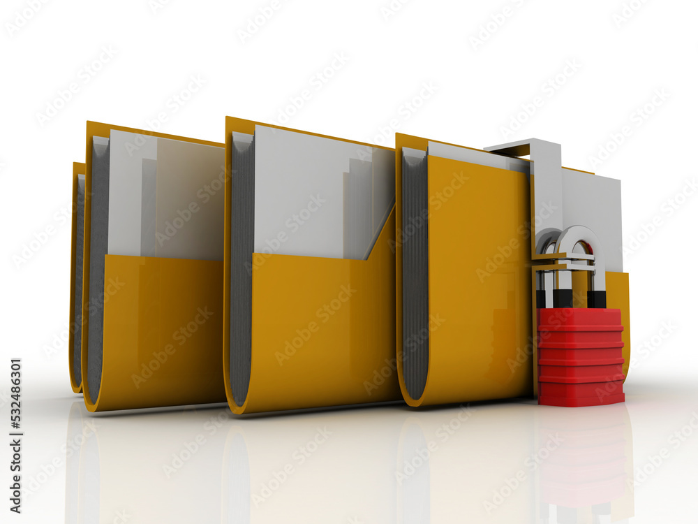 Poster 3d rendering yellow folder and lock. data security concept