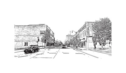 Fototapeta na wymiar Building view with landmark of Oshkosh is the city in Wisconsin. Hand drawn sketch illustration in vector.