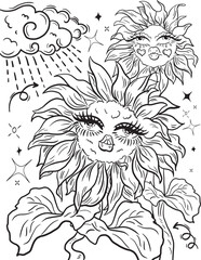 Sunflower coloring page. Vector coloring for adults