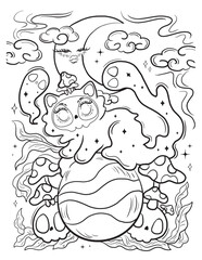 Magic cat  and ghost coloring page. Vector coloring for adults