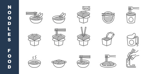 Noodles food line icons set. linear style symbols collection, outline signs pack. Instant noodles vector graphics. Set includes icons such as ramen soup, Chinese takeaway food, box, and chopsticks, wo