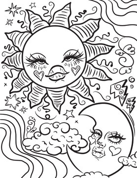 Moon and sun coloring page. Vector coloring for adults