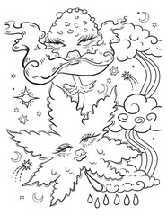 Weed leaf and mushroom coloring page. Vector coloring for adults