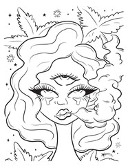 Beautiful girl smoking cigarette coloring page. Vector coloring for adults