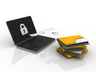 3d rendering Folder on laptop with lock