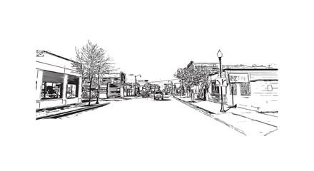 Building view with landmark of Oshkosh is the 
city in Wisconsin. Hand drawn sketch illustration in vector.