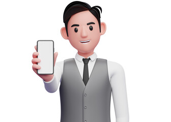 close up of businessman in gray office vest showing phone screen to the camera, 3d illustration of businessman using phone