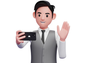 close up of businessman in gray office vest vlogging at the office, 3d illustration of businessman using phone