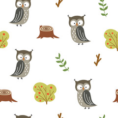 Seamless pattern with funny owls in the forest. Vector illustration for your design