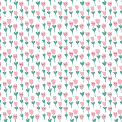 Cute smiling tulip flowers seamless pattern.