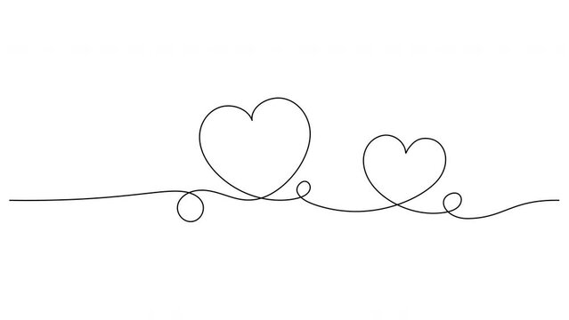 animated single line drawing of hearts isolated on white background, love and romance symbol line art animation