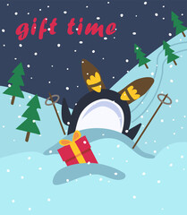 Funny penguins. Greeting card for Christmas, New Year. Vector illustration