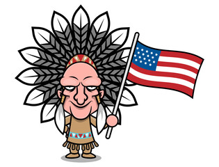 Cartoon illustration of Native American Mascot character holding American Flag, best for sticker, logo, and decoration for Native American Day