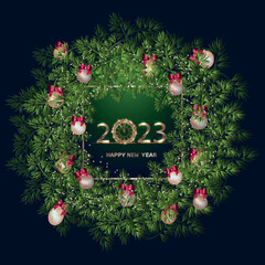 Happy New Year 2023 background with golden sparkling texture. Gold numbers 3, 0, 2, 23 . Postcard with silver, pearly Christmas tree toys. Vector Illustration for holiday greeting card.