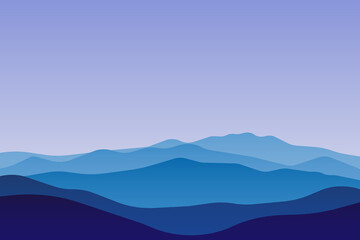 Fototapeta na wymiar jpeg illustration of beautiful scenery mountains in dark blue gradient color. View of a mountains range. jpg Landscape during sunset at the summer time. Foggy hills in the mountains ragion. 