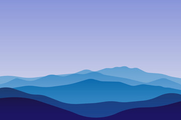 Fototapeta na wymiar Vector illustration of beautiful scenery mountains in dark blue gradient color. View of a mountains range. Landscape during sunset at the summer time. Foggy hills in the mountains ragion. 