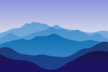 Fototapeta na wymiar jpeg illustration of beautiful scenery mountains in dark blue gradient color. View of a mountains range. jpg Landscape during sunset at the summer time. Foggy hills in the mountains ragion. 