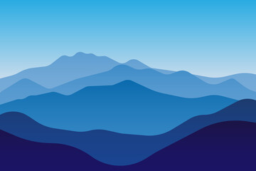 Fototapeta na wymiar jpeg illustration of beautiful scenery mountains in dark blue gradient color. View of a mountains range. jpg Landscape during sunset at the summer time. Foggy hills in the mountains ragion. jpeg illus