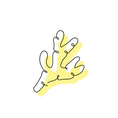 Fragrant spice plant root isolated one white. Ginger black contour drawing with abstract yellow spot. Organic minimalist vegetable silhouette concept. Hand drawn continuous flat vector illustration