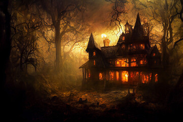 Obraz premium Halloween haunted house background, Digital painting technic. 