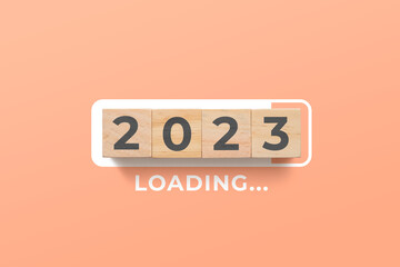2023 loading bar with wooden cubes on light orange background