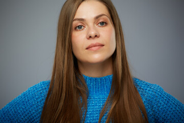 Woman face portrait with real natural skin isolated on gray background.