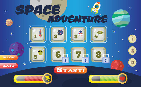 Scifi space adventure game user interface template vector illustration