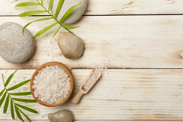 Composition with spa products on wooden background, top view