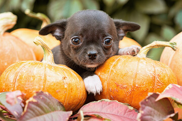 A little dark chihuahua puppy, on pumpkins.