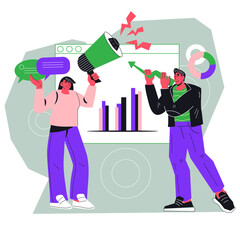 Digital marketing business concept with characters. Business analysis, SMM content strategy and management, flat cartoon vector illustration isolated on white background.