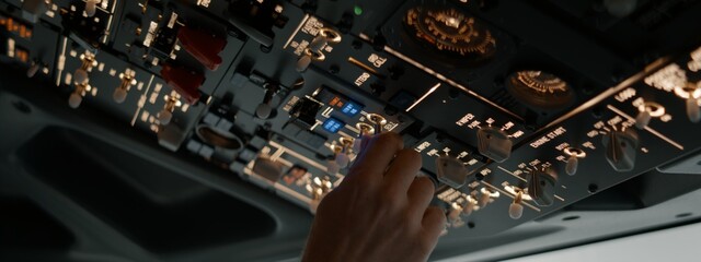 CU Commercial aircraft pilots adjusting radio channel parameters during the flight at high...