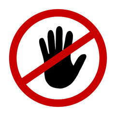 Do not touch entry symbol sticker template. Simple vector shape icon set, black silhouette. Warning information stop sign in public place. Restriction zone.