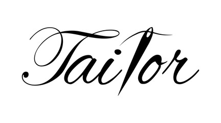 Tailor logo with sewing needle with thread. Handwriting text isolated on white background. Black outline print template.