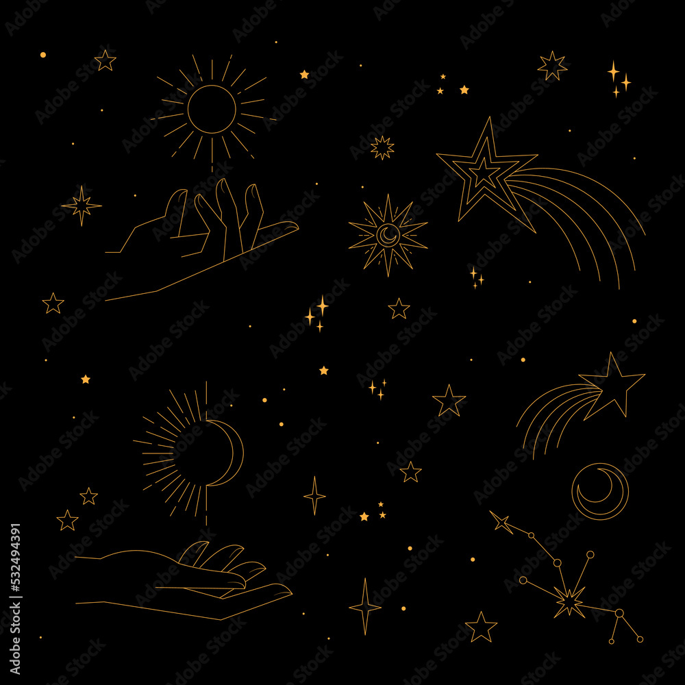 Wall mural mystical and celestial elements with stars, planets, moons and hands. palm and zodiac elements. occu