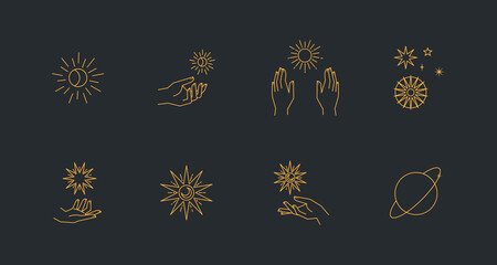 Aesthetic astral hands. Collection of cosmic and celestial elements with sun, moon and stars. Isolated editable linear vectors.