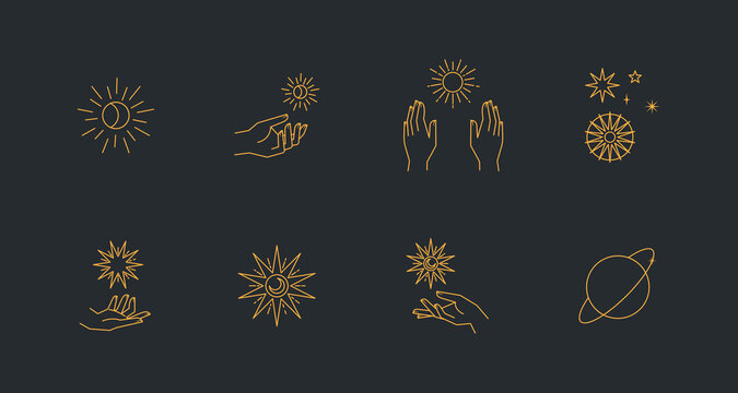 Aesthetic astral hands. Collection of cosmic and celestial elements with sun, moon and stars. Isolated editable linear vectors.