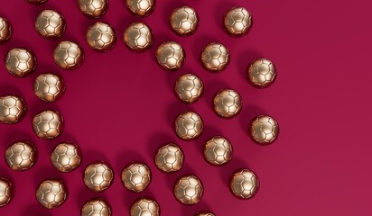 Golden football soccer ball on a burgundy background. 3D Rendering