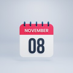 November Realistic Calendar Icon 3D Rendered Date November 08