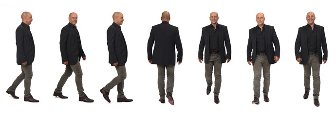 side, back and front of same man walking on white background - Powered by Adobe