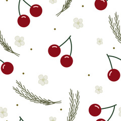Seamless pattern with flowers, cherry and leaves. Vector illustration for textile Vector Illustration.